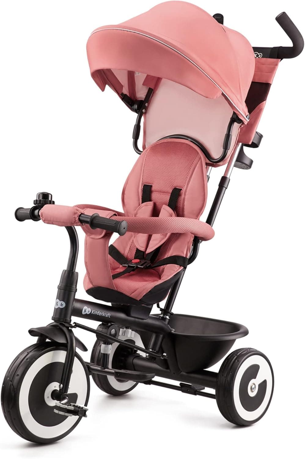 Kinderkraft ASTON Triciclo evolutivo, bicicleta sem pedais, bicicleta para bebé, dobrável, para crianças, cinto, com acessórios, porta-copos, cesta, 9 meses a 25 kg, rosa
