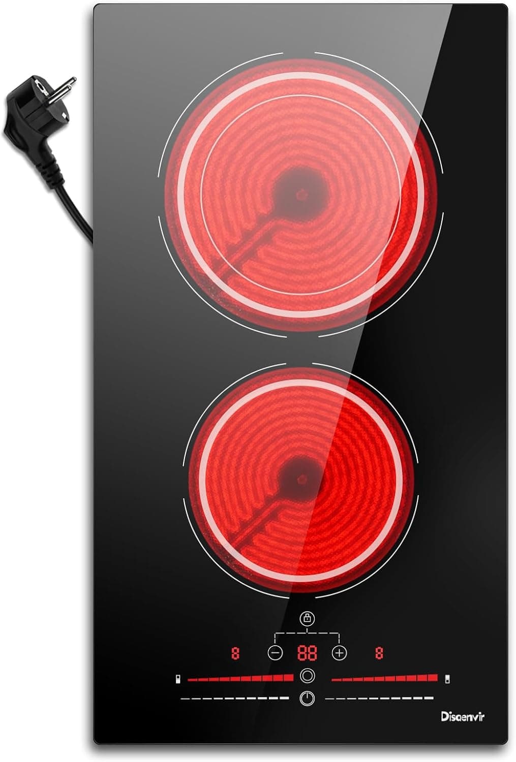 Vitrocerâmica 2 fogos 3200 W, placa de cerâmica com tomada, cozinha elétrica com controlo de anel duplo, configuração de 9 níveis de potência, cronómetro, fechadura infantil, preto