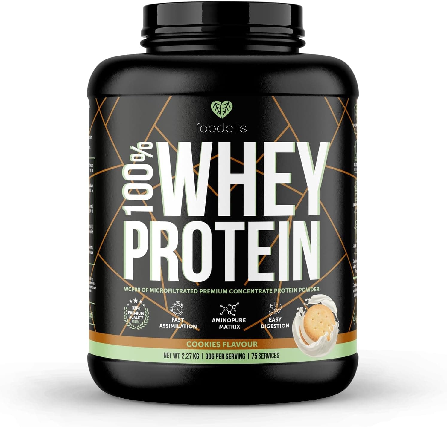 Foodelis 100 % Whey Protein | Proteína de soro de alta qualidade com glutamina natural e perfil completo de aminoácidos, máxima absorção e fácil digestão, sabor bolacha, 908 g - 30 Dose
