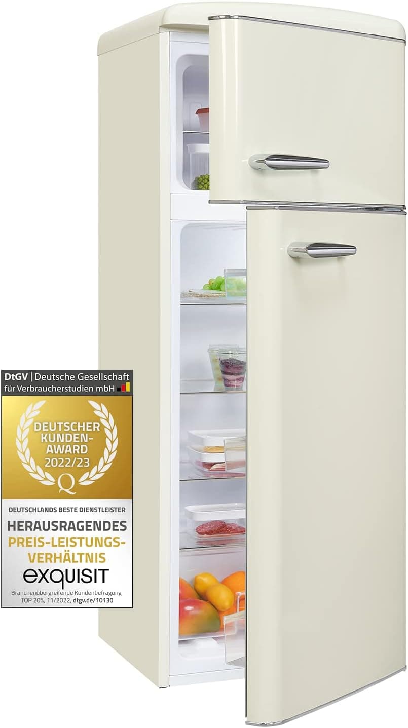Exquisit® Frigorífico vertical retro, 206 L, classe E, cor magnólia branca, 2 portas, prateleiras de vidro, gaveta de porta, ajuste de altura, Consumo 180 kWh/ano, medidas 146,5 x 54,5 x 57,5 cm