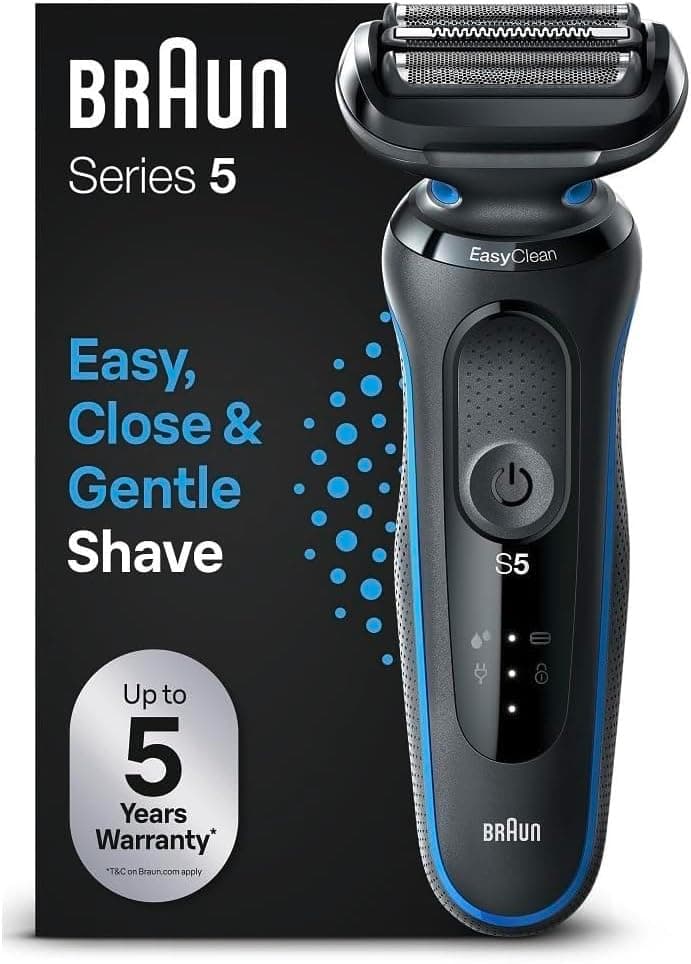 Braun Série 5 máquina de barbear elétrica para homem, máquina de barbear barbear EasyClean, uso seco e molhado, recarregável, sem fios, 51-B1000s, azul