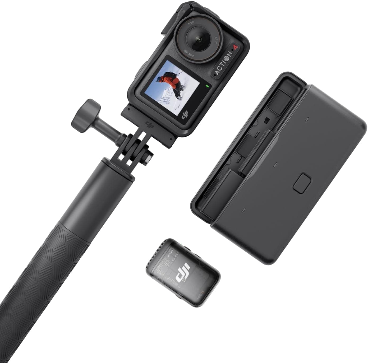 DJI Pack aventura Osmo Action 4 transmissor Mic 2 (Shadow Black), câmara para Vlogs com sensor de 1/1,3 polegadas, HorizonSteady de 360º, o micro grava vozes nítidas, proteção antivento