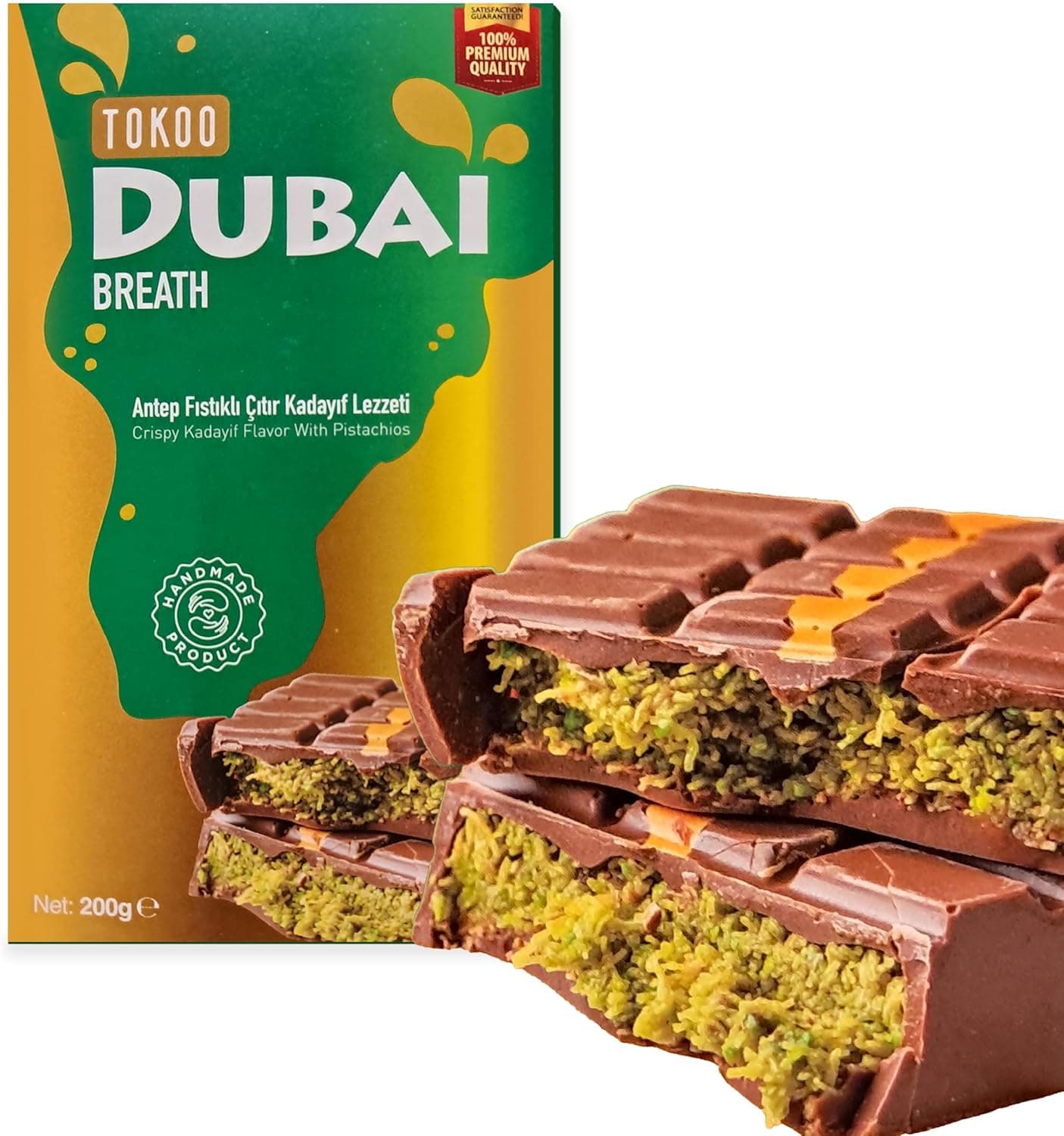 Dubai Chocolate Pistacho 200 g - O chocolate Dubai com fios de massa de cabelo de anjo, kadayif e pistacho - creme de pistacho Dubai Chocolate