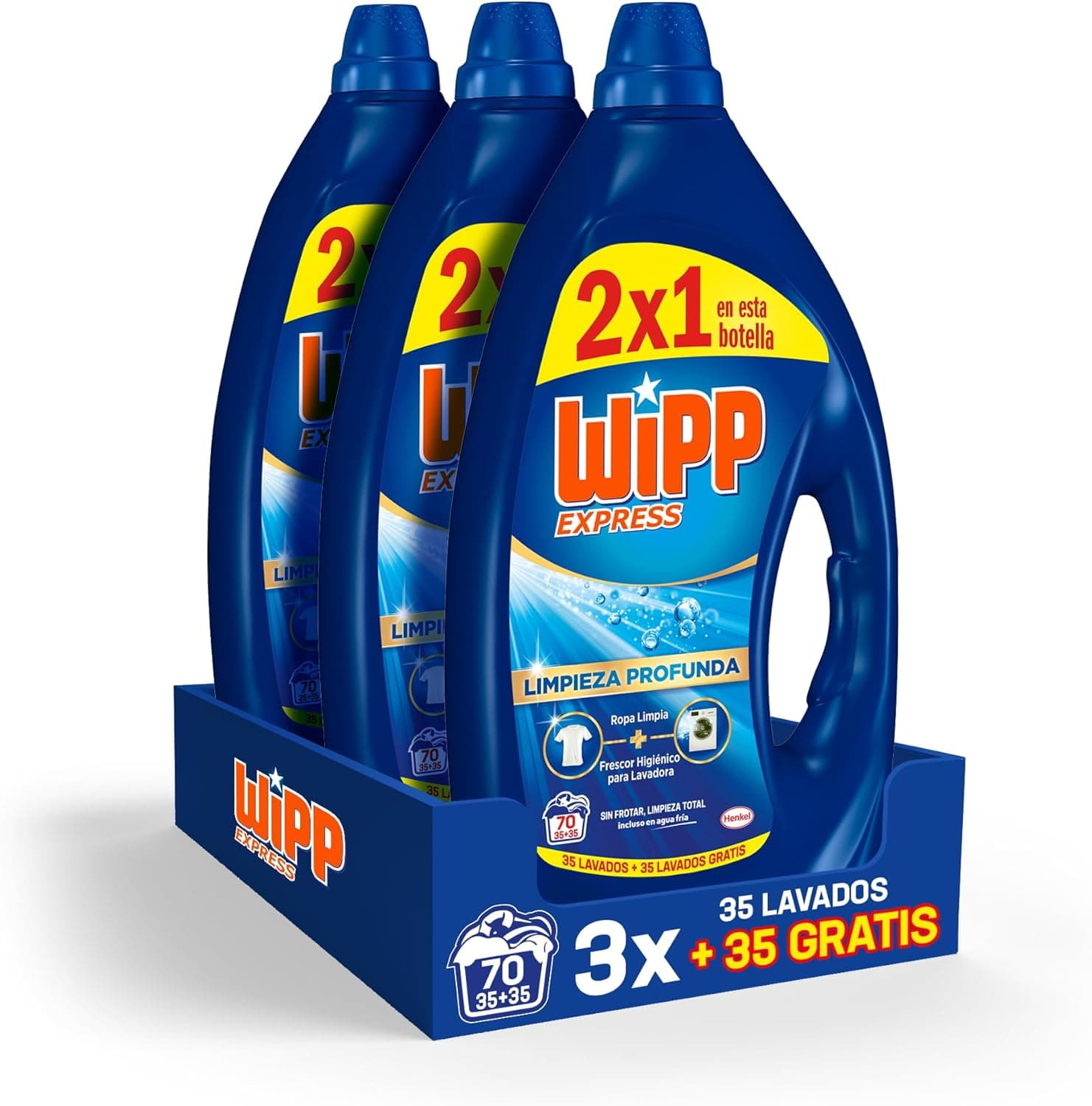 Wipp Express Limpeza profunda Plus Frescor ativo, detergente líquido para máquina de lavar roupa, 35 + 35 lavagens, conjunto de 3 - total de 210 lavagens