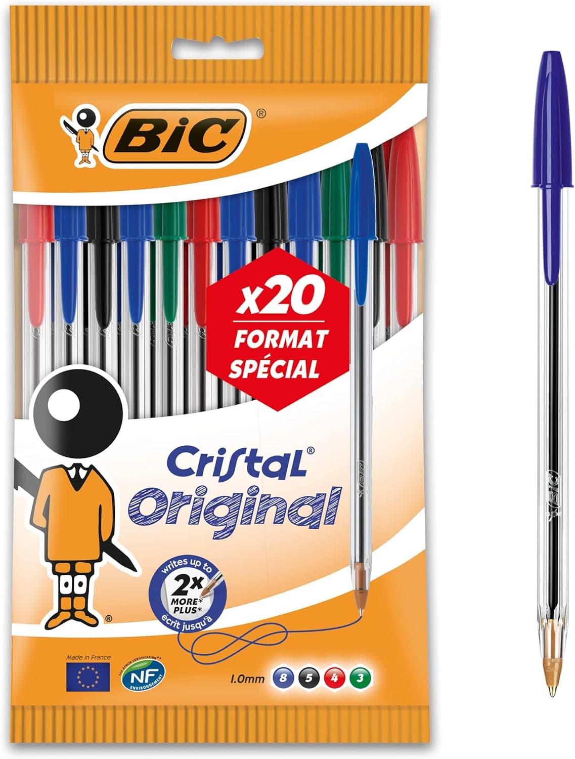 BIC Cristal original canetas de ponta média (1,0 mm), cores sortidas, bolha de 20 unidades, para escrita suave, certificados com etiqueta ecológica