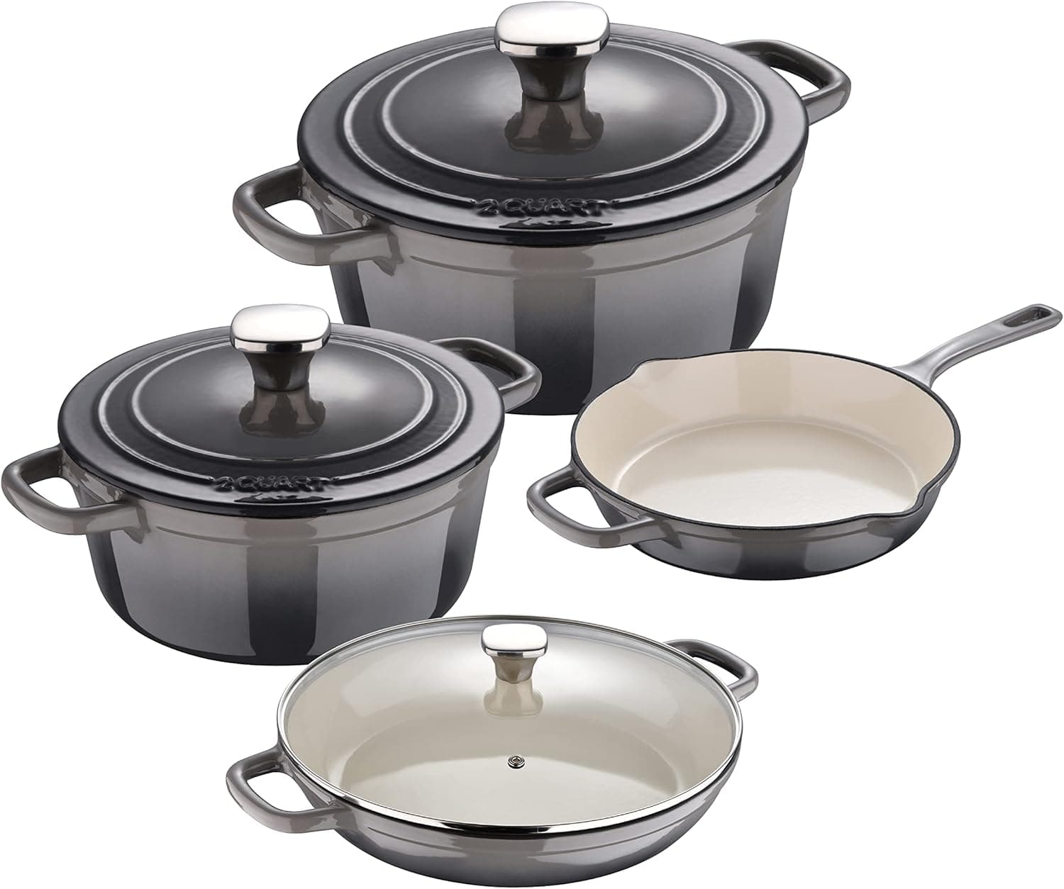 MasterPRO Unique | Bateria de cozinha de 7 peças | Conjunto de cozinha 3 panelas de 19, 27 e 30,5 cm com tampas e 1 frigideira de 24,5 cm, ferro fundido, para todos os tipos de cozinhas, conjunto de 3