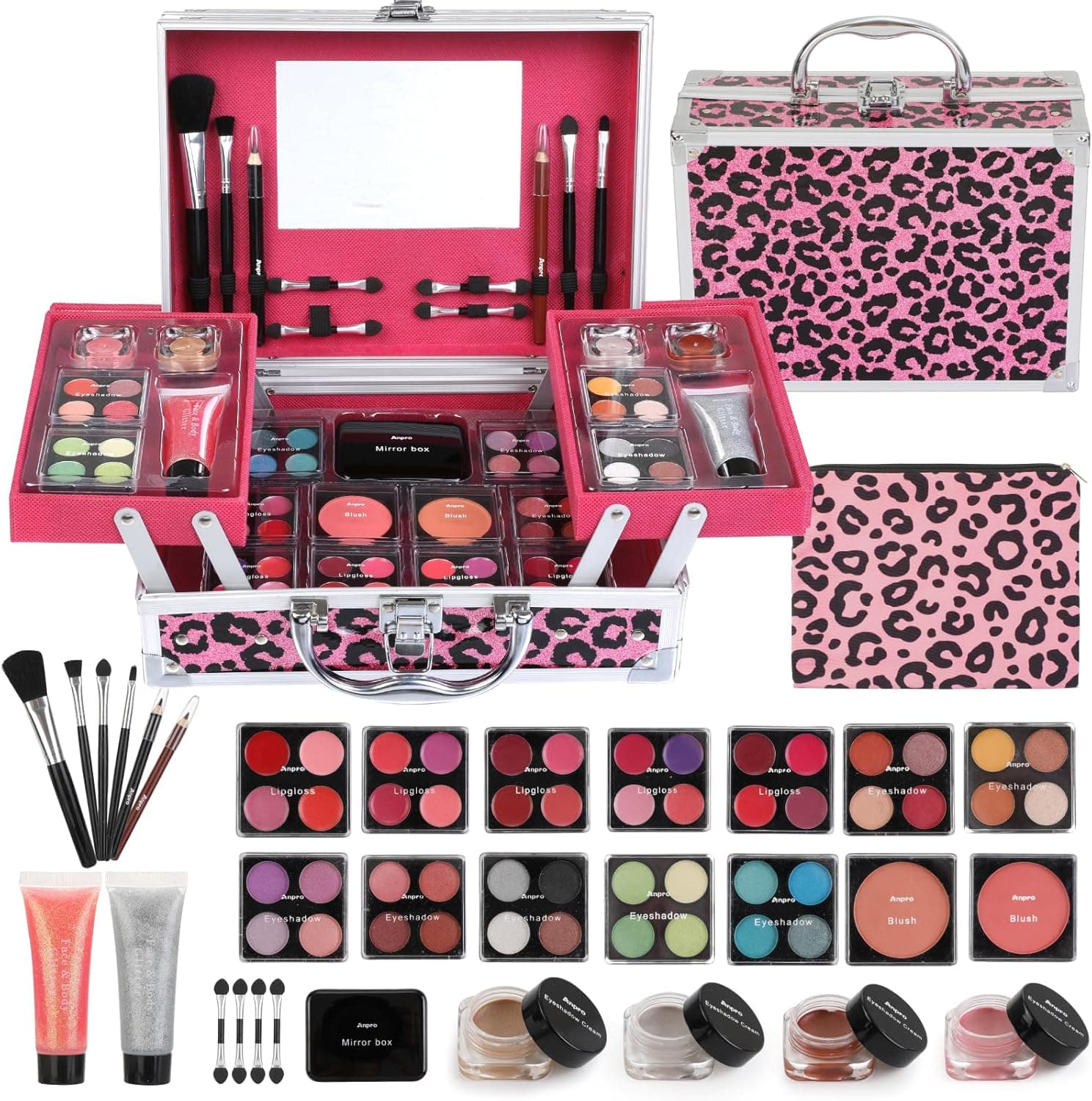 Anpro All-in-One Leopord Estojo de Maquiagem Dobrável Duplo com Conjunto de Maquiagem Pro para Adolescentes, Kit Cosmético Completo com Pincéis de Maquiagem, Paleta de Sombras, Presente Ideal para Meninas