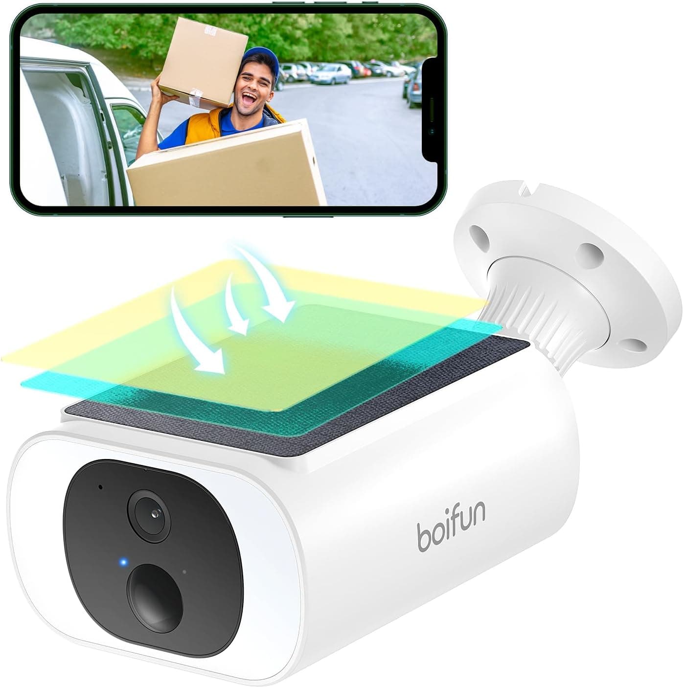 BOIFUN 2K Câmara de vigilância WiFi exterior solar, câmara de vigilância exterior integrada painel solar, Wi-Fi 2,4 GHz, noite colorida, detecção de movimento, áudio bidirecional, IP65
