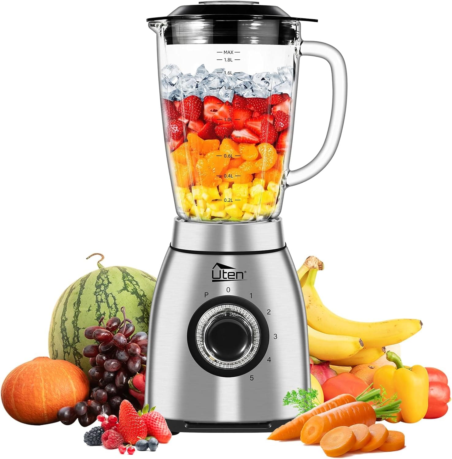 Uten Liquidificadora de copo de 2 l, 1800 W de liquidificadora para batidos, pulso e 5 velocidades, caixa de aço inoxidável, lâmina de 6 folhas, para gelo triturado, grãos de café moídos