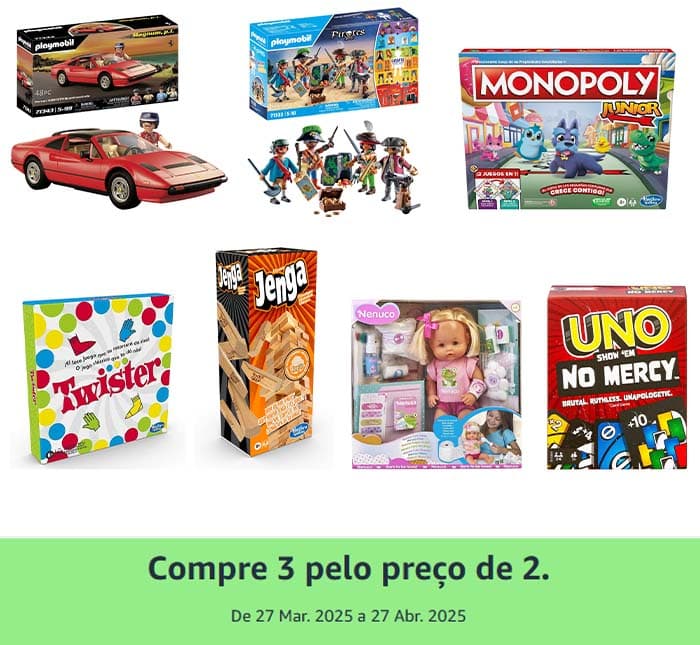 Vários brinquedos/jogos com promo de '3 pelo preço de 2'