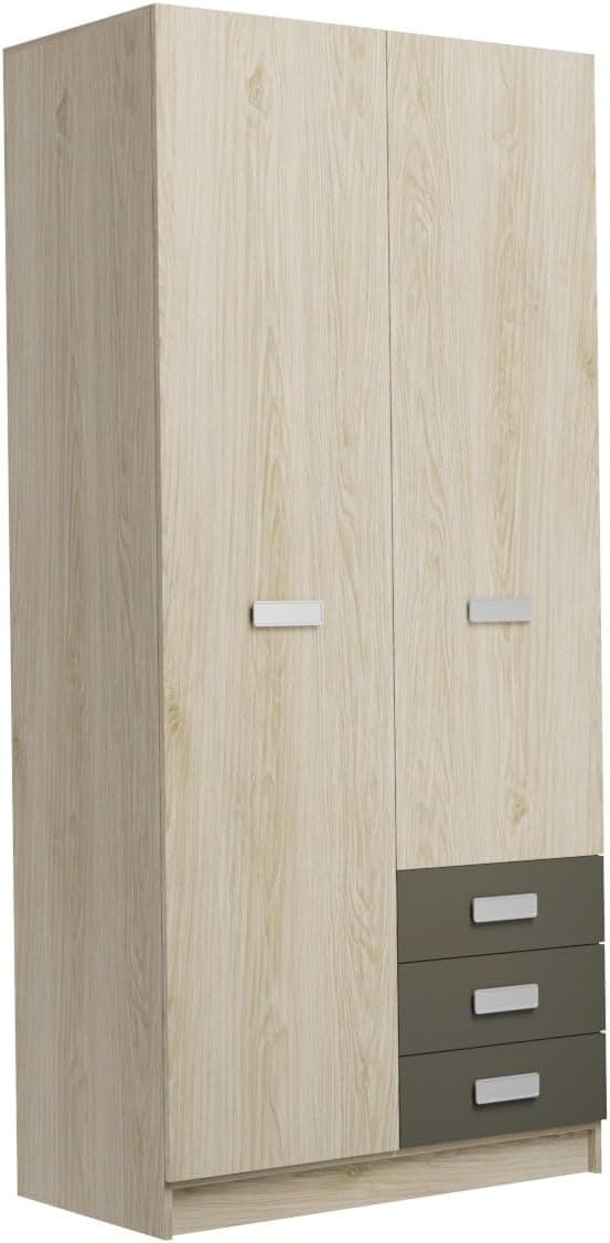 Homey Armário de duas portas com loft e três gavetas modelo Oslo para quartos de casal e crianças, madeira, Puccini-grafite, 94,8 cm (largura) x 207,6 cm (altura) x 50 cm (fundo)