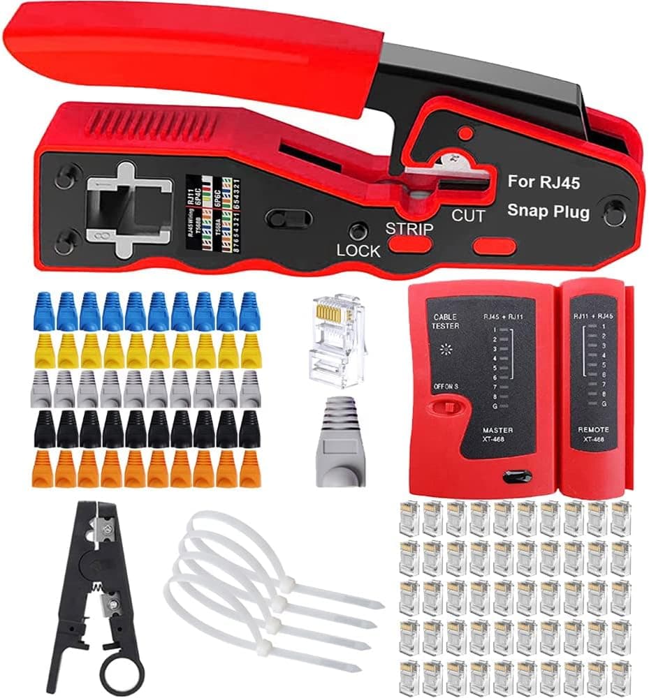 MAYLINE RJ45 - Ferramenta de crimpagem de rede profissional para tomadas de cabo testador de LAN Ethernet Cat7 Cat6 Cat5 RJ11, conjunto profissional de rede de ferramentas (vermelho)