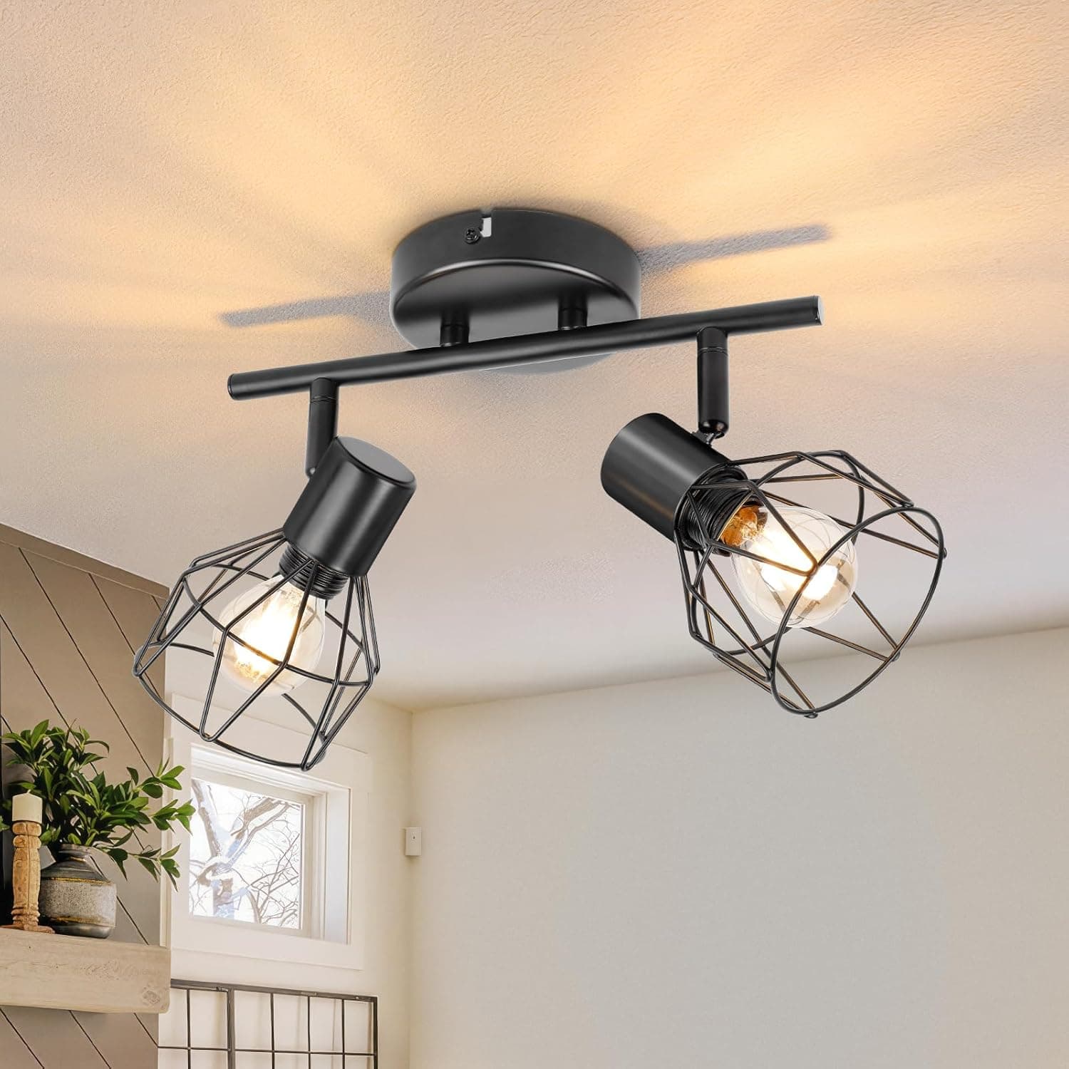 Dehobo Candeeiro de teto ajustável e giratório com 2 focos E14 LED, candeeiro de teto retro para interiores, quarto, cozinha, sem lâmpada E14, máx. 40W (cada lâmpada)