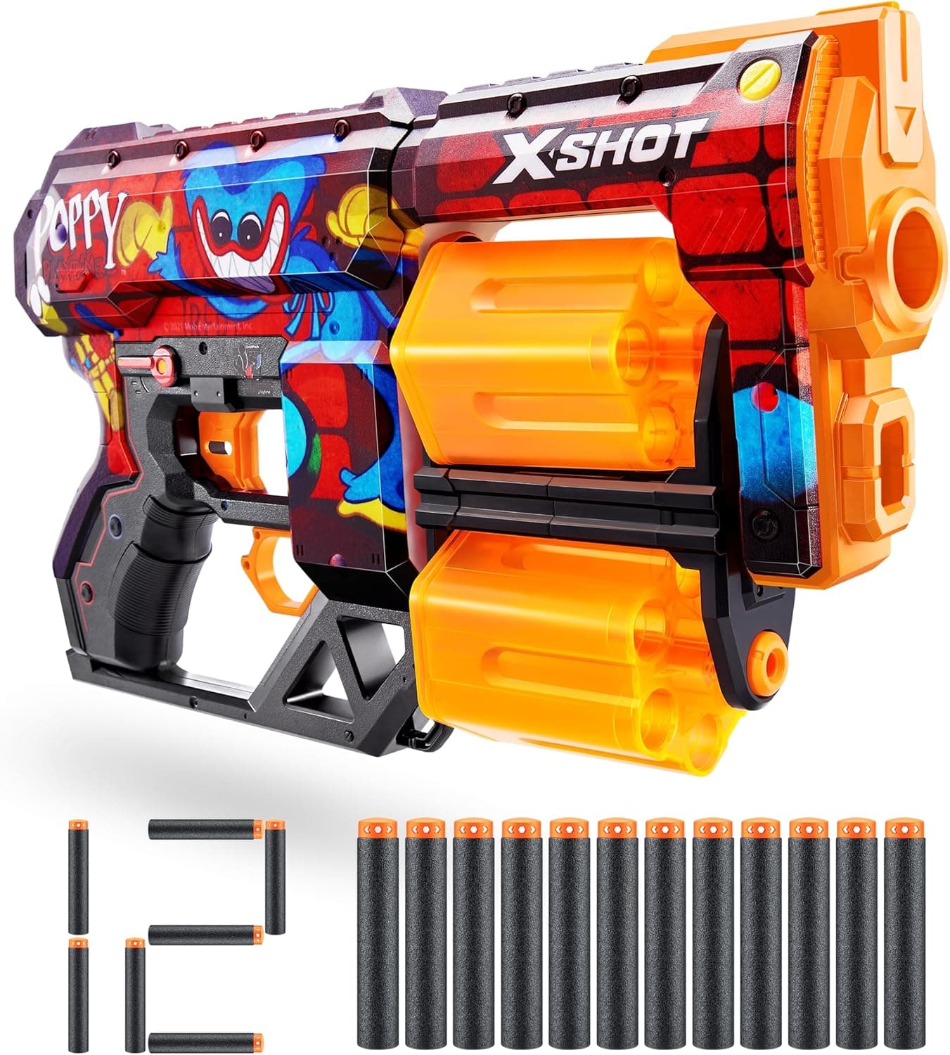 X-Shot Skins Dread Blaster - Poppy Playtime (Toony) por ZURU com 12 dardos, barril duplo giratório, tecnologia de dardos de bolso de ar, lançador de espuma de brinquedo para crianças