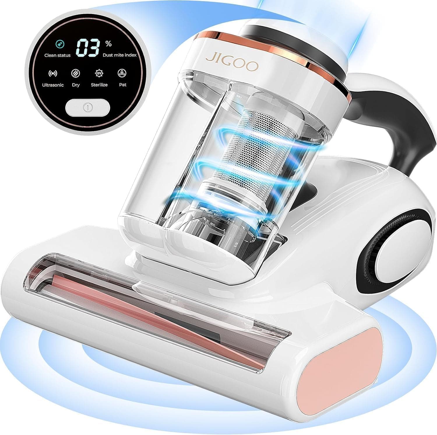 JIGOO J300 Aspirador de Ácaros com sensor de ácaros e ecrã digital, 500 W aspirador antiácaros com copo duplo, luz UV, para alergias, elimina 99,9 % dos alérgenos em colchões, camas e sofás
