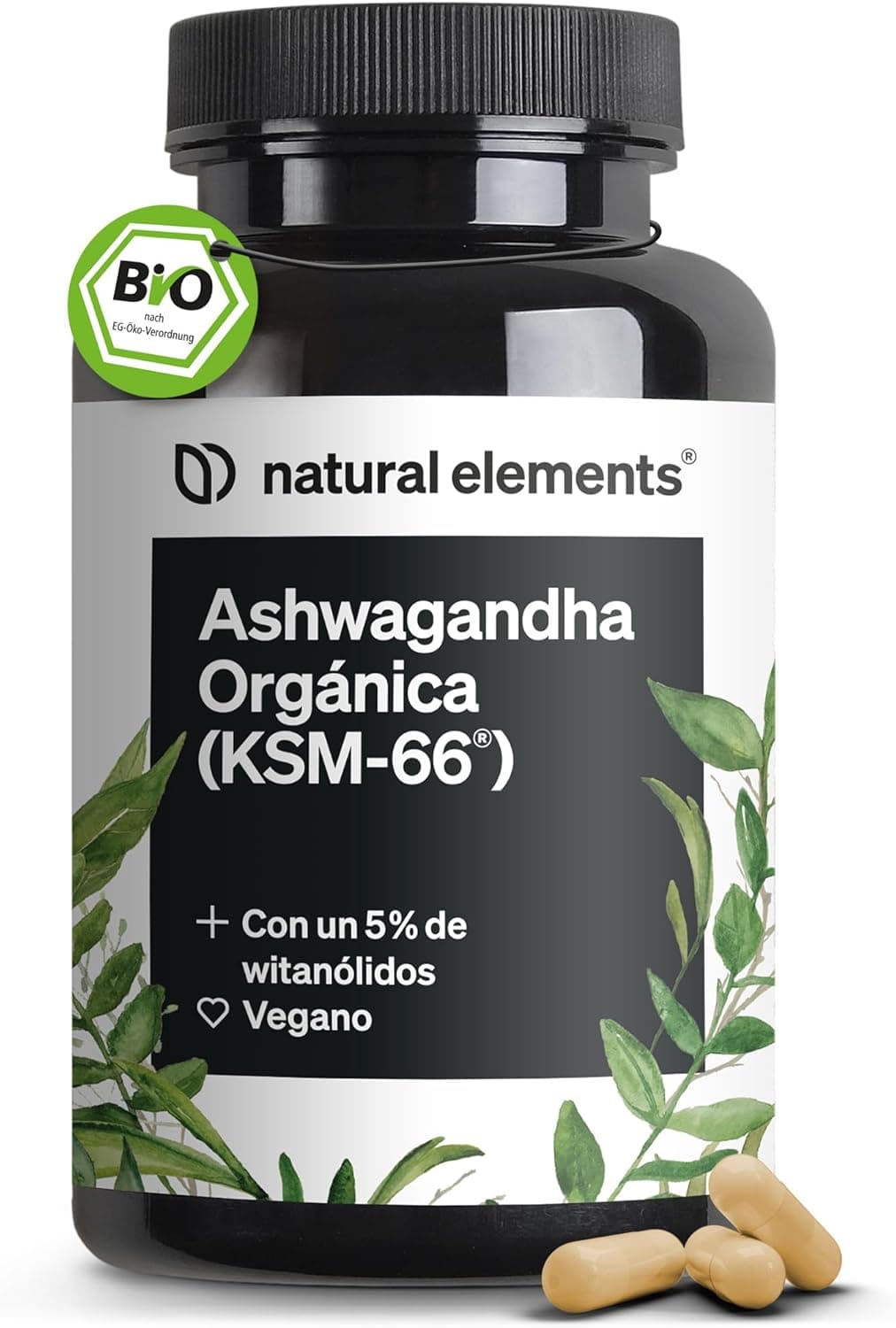 Natural Elements KSM-66 | Cápsulas de Ashwagandha biológica 600 mg raiz com 180 unidades veganas e sem aditivos