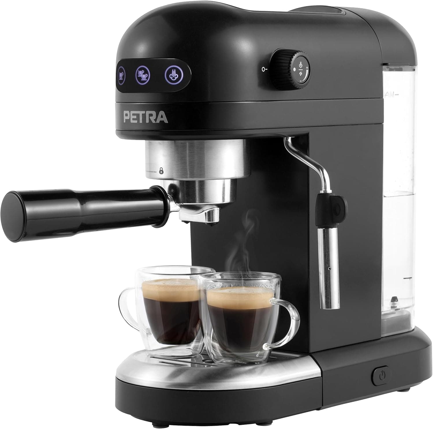 Petra PT5240 Cafeteira expresso com espuma de leite, depósito de 1,4 l, expresso de estilo barista simples ou duplo, máquina de pressão italiana de 15 bares, adequada para café moído, 1465 W, preta