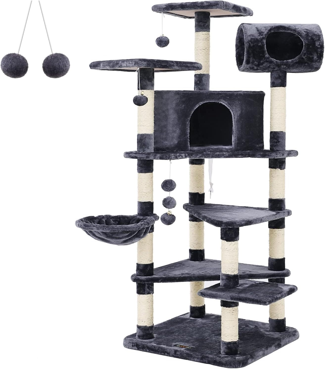 FEANDREA Árvore para gatos, arranhador grande com caseta, plataformas grandes, cesta, postes revestidos por corda de sival, antracite PCT17G