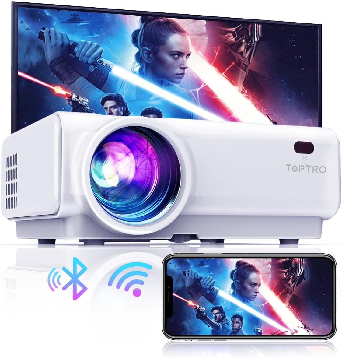 Mini projetor portátil WiFi Bluetooth, 15000 lúmenes TOPTRO projetor suporte 1080P Full HD, função de zoom, ± 15 ° correção keystone, projetor LED 120000H para telemóveis/Fire TV Stick/PS5