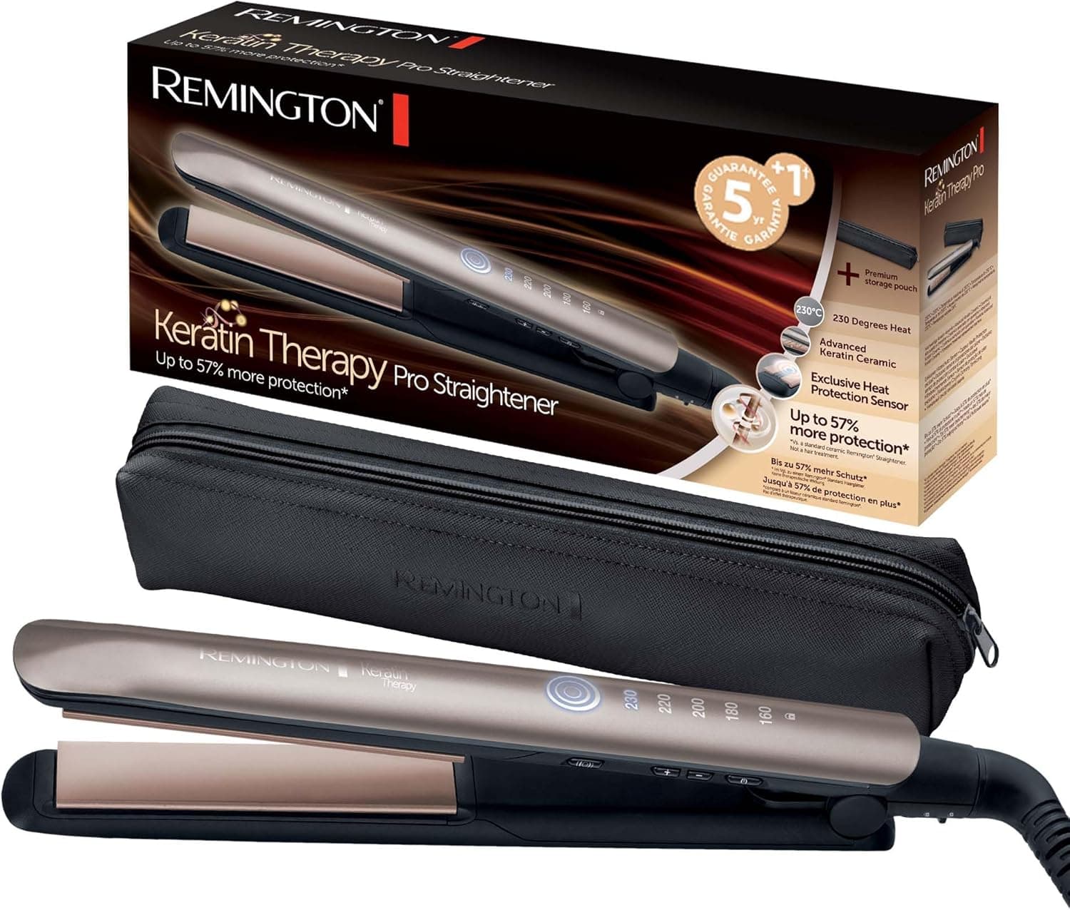 Remington Ferro de cabelo de ecrã digital, 160-230 °C, sensor de proteção contra o calor para reduzir os danos capilares Keratin Therapy revestimento cerâmico com queratina e óleo de amêndoa S8593