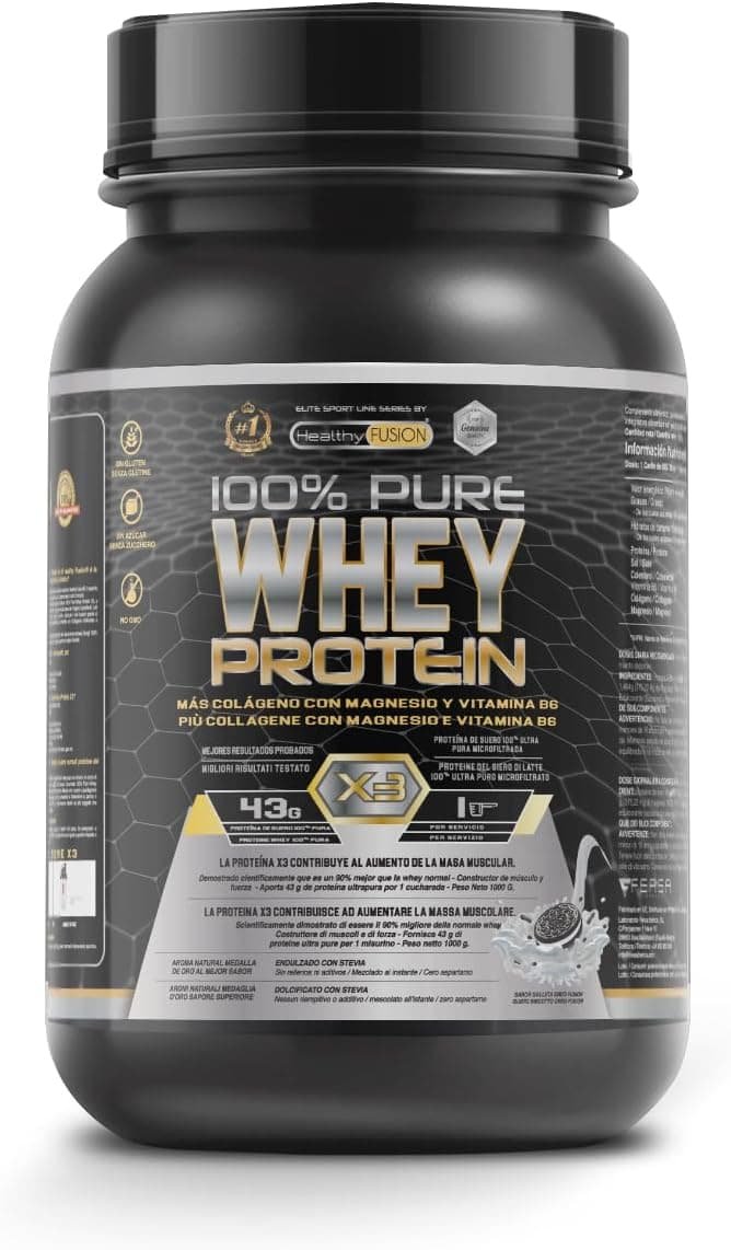 Healthy Fusion Whey Protein Proteína Whey pura com colagénio e magnésio | Melhore os seus treinos | Proteja e aumenta a massa muscular, 1000 g de proteína (bolacha)