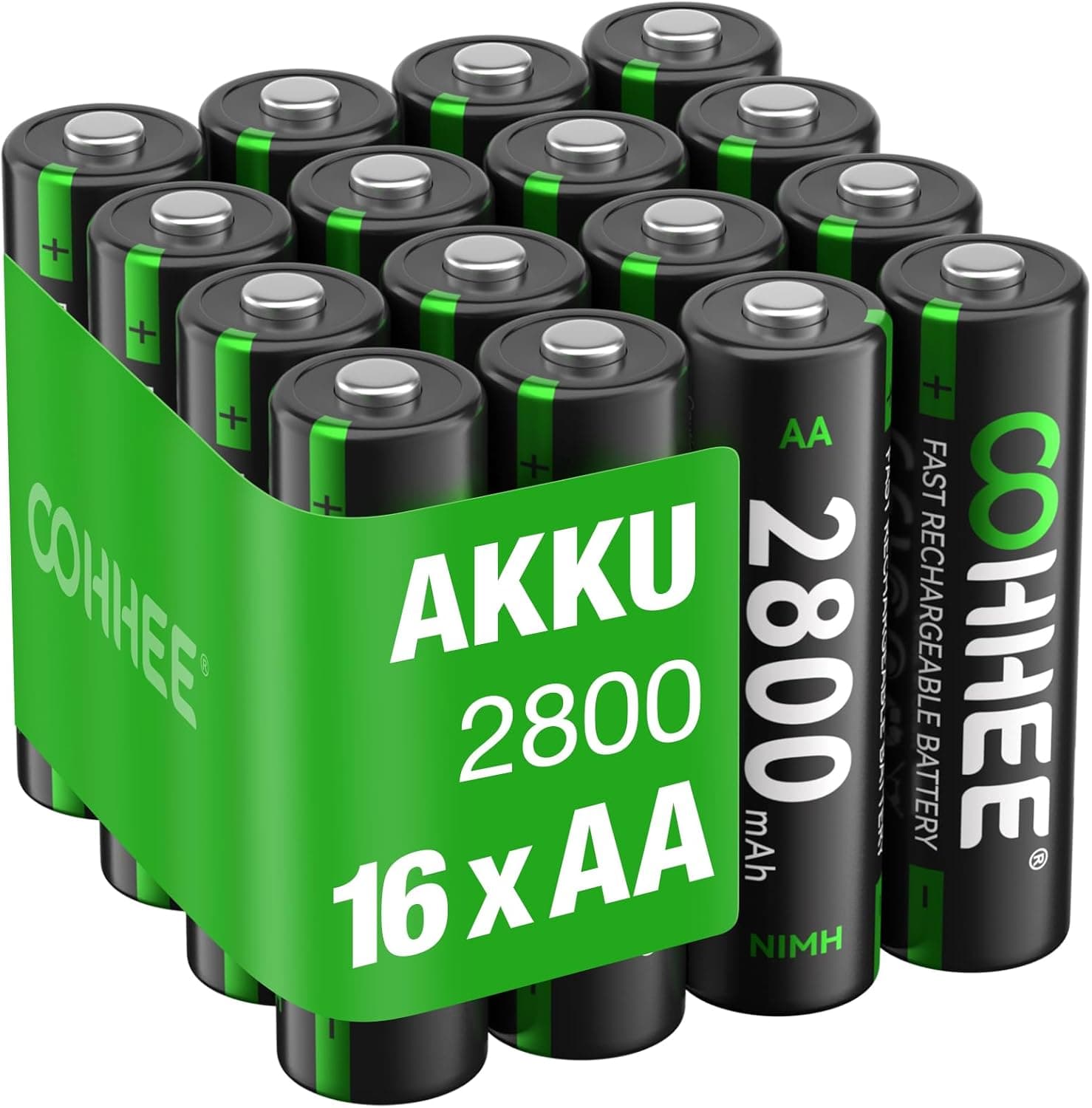 OOHHEE Conjunto de 16 Pilhas AA Recarregáveis NI-MH, 1,2 V, 2800 mAh de Alta Capacidade, Baixa Auto-Descarga, Inclui Caixa de Proteção