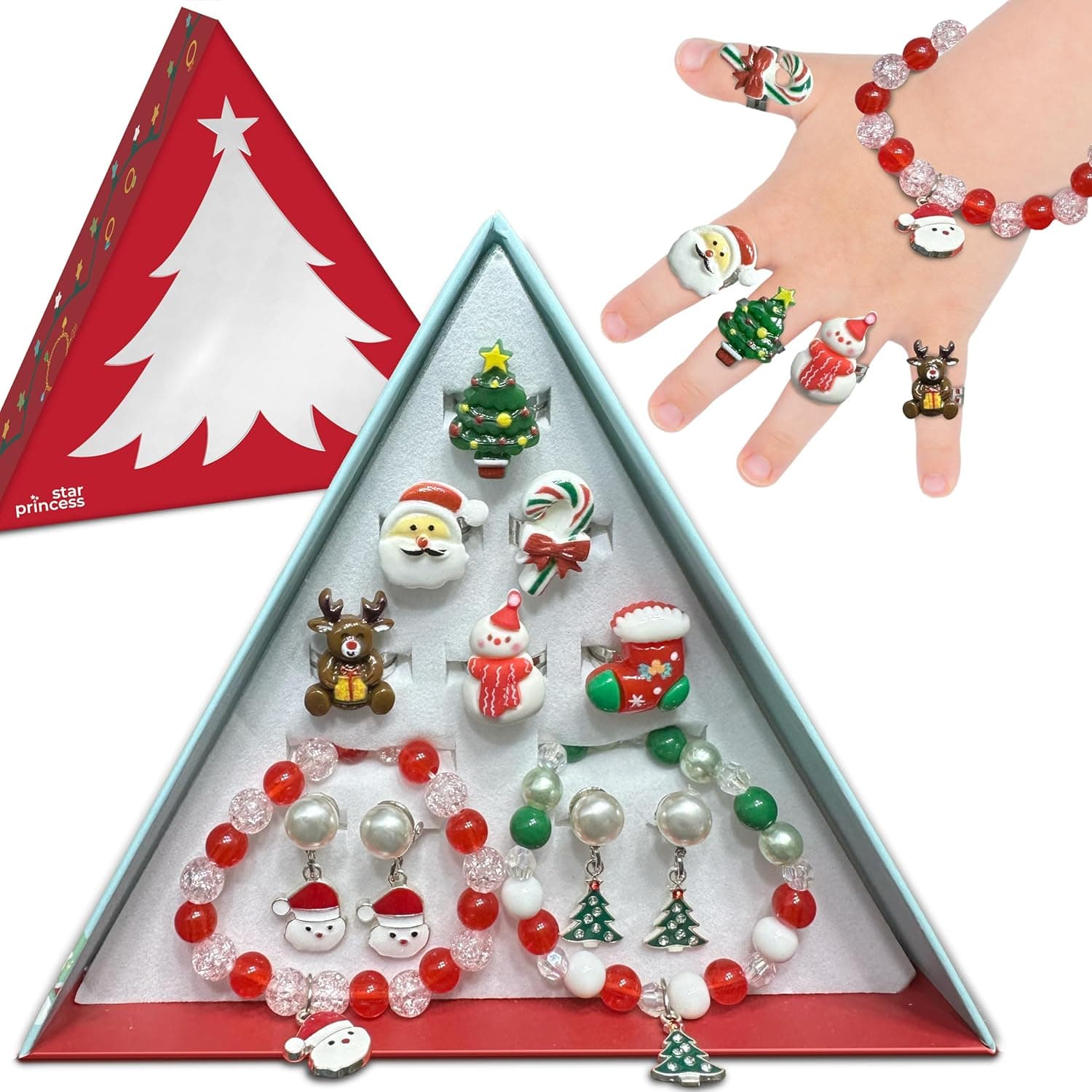 Conjunto de joias de Natal para crianças, conjunto de joias de fantasia de férias, anéis, pulseiras brincos de clipe para meninas em caixa de presente de árvore de Natal, surpresa de Natal para