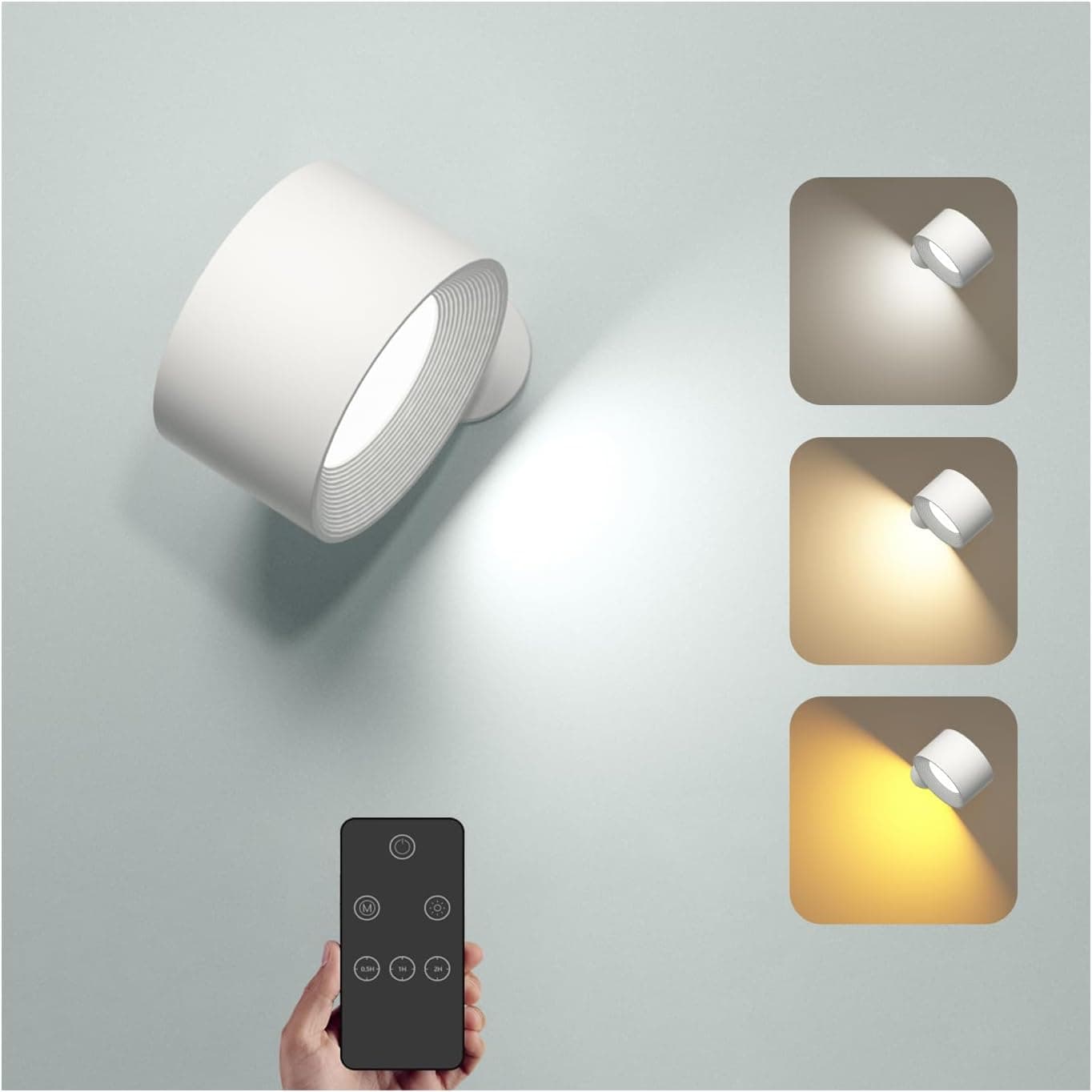 Feallive Candeeiro de parede, aplique LED interior com controlo remoto regulável com bateria recarregável controlo tátil 3 níveis de luminosidade 3 modos de cor orientável 360 º para quarto branco