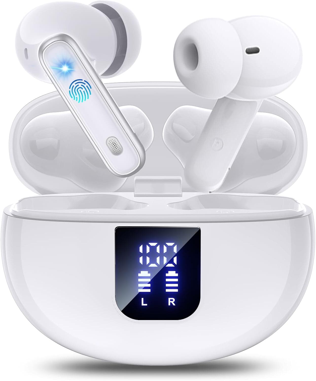 EUQQ Auriculares sem fios brancos: Auriculares intra-auditivos com Bluetooth 5.4, microfone estéreo com cancelamento de ruído ANC, 46 horas de reprodução, ecrã LED, resistente à água IP7