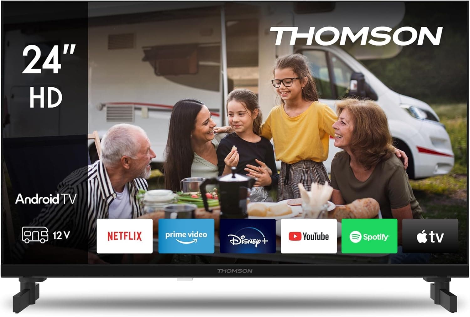 THOMSON 24″ (60 cm) Smart TV LED HD para Camping 12 V com Android, Wi‑Fi, Google Assistant, Bluetooth, Dolby Digital, Tuner triplo (cabo/satélite/antena), 2 HDMI, CI+, painel A+, classe energética E