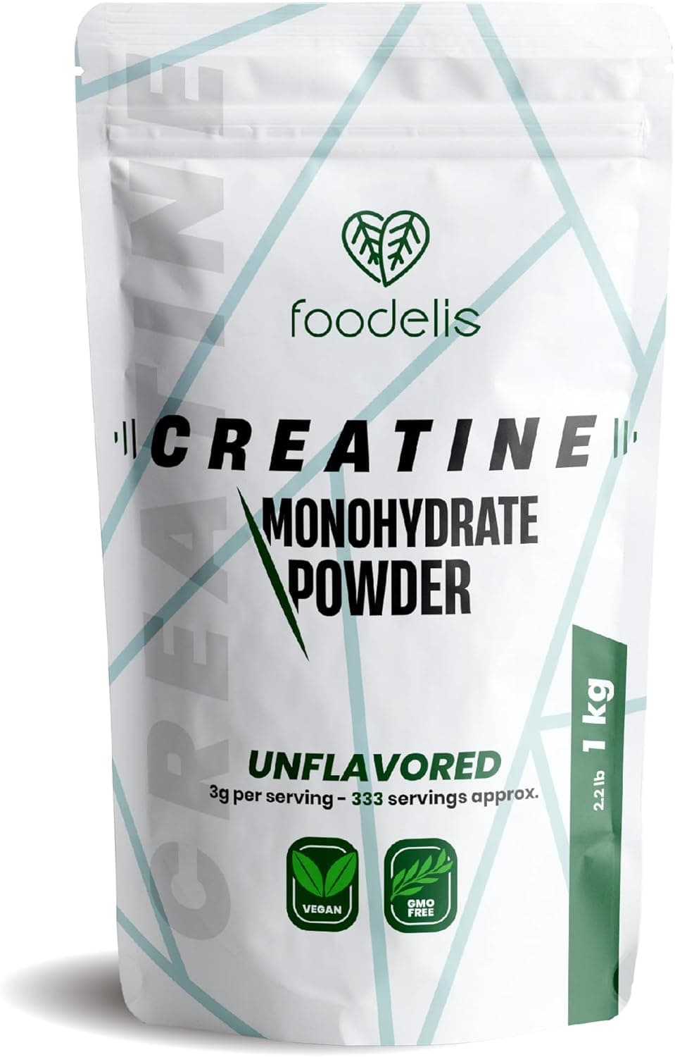 Foodelis Creatina monohidratada em pó 1 kg/333 doses, 100% creatina monohidrato micronizada - sem sabor - pura e sem aditivos - Não-OGM - alta solubilidade, inclui doseadores