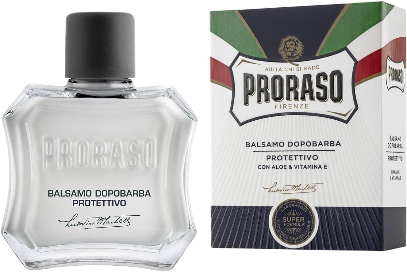 Proraso After Shave BSJFS Protetor, 100 ml, bálsamo barba com aloé vera e vitamina E, tónico facial calmante e amaciador sem álcool, branco
