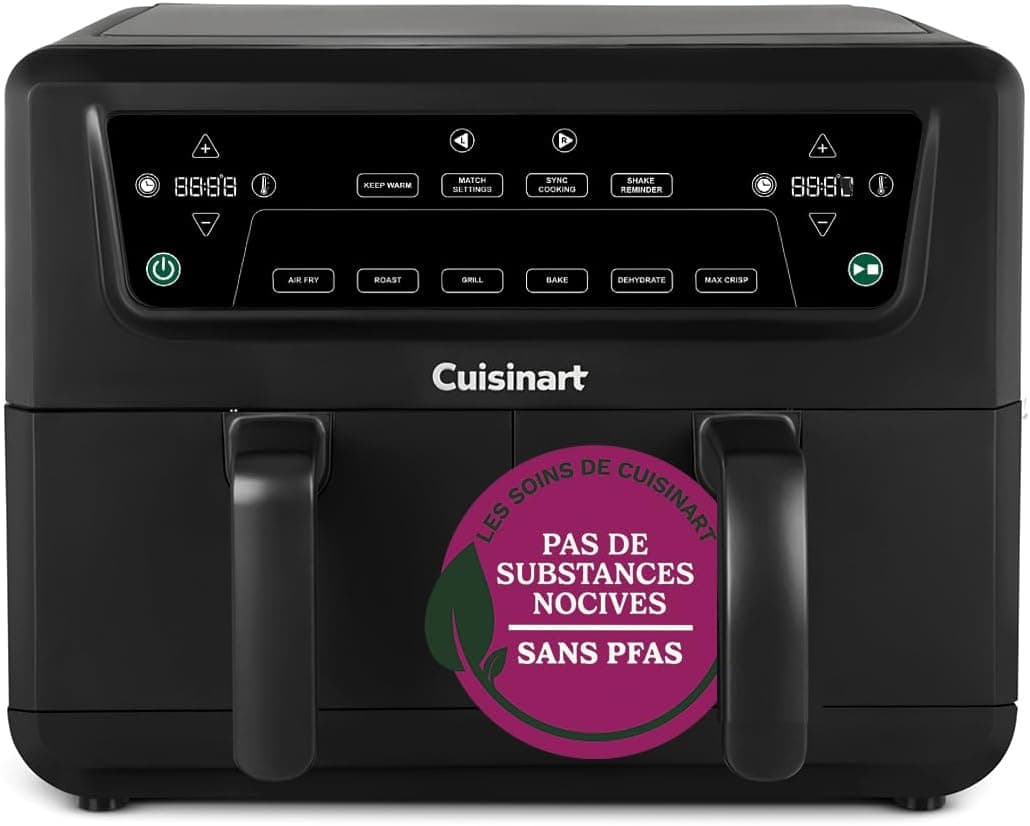 Cuisinart Fritadeira de ar dupla zona XXL, sem PFAS, cozinha sem químicos, fria, alça, forno, desidratada, Max Crisp e mantém quente 2 x 5,2 l, 8 porções gavetas duplas
