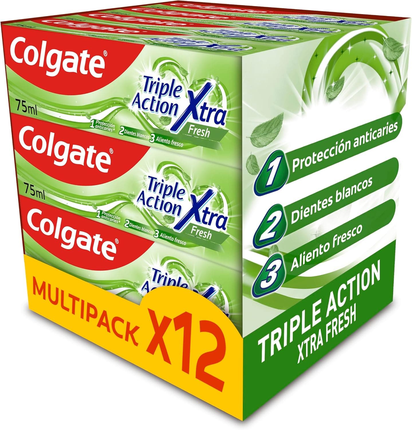 Colgate Triple ação Xtra Fresh pasta de dentes, pack de 12 unidades x 75 ml, dentífrico com fluor, proteção anticárie, ajuda a manter os dentes brancos, hálito fresco, para toda a família