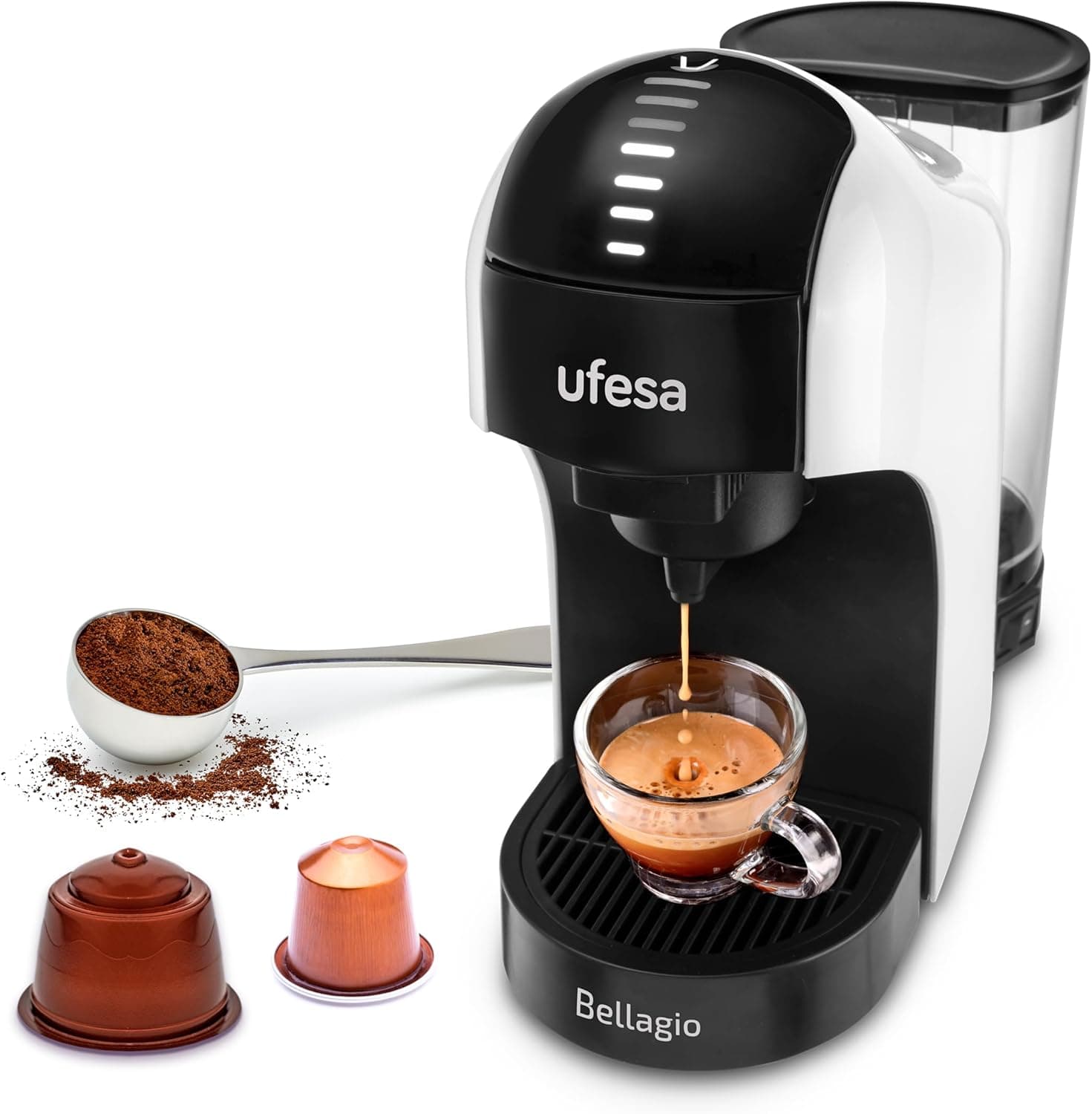 Ufesa Bellagio Cafeteira expresso multicápsulas 3 em 1 para Nespresso, Dolce Gusto ou café moído, painel de toque digital com 7 níveis, depósito 1 lit, 1400 W, 15 bares, desliga automático