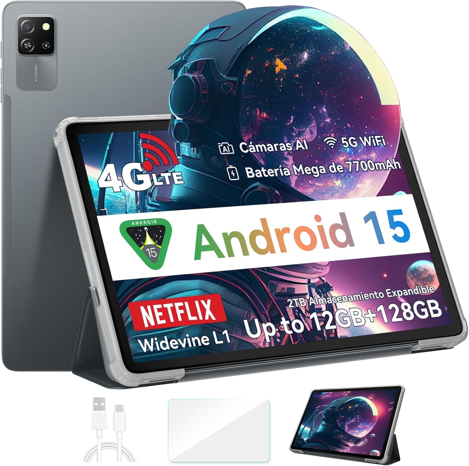 Blackview Android 15 Tablet de 10 polegadas 12 GB RAM e 128 GB ROM/2TB TF, Tab 60 Pro 4G LTE & 5G Wi-Fi, Widevine L1, câmara dupla AI, Octa-Core, Face ID, 7700 mAh bateria