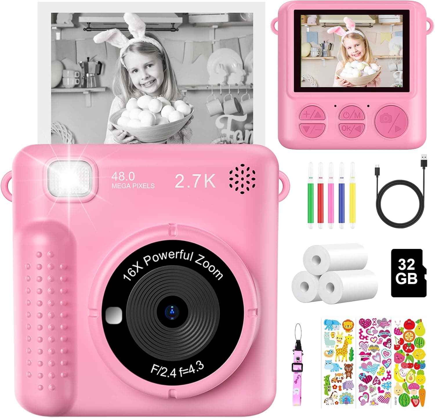 Câmara fotos infantis instantâneas, 2,4 polegadas 1080P HD câmara de fotos para crianças com cartão de 32 G e papel fotográfico de impressão, brinquedo câmara digital, presentes para meninos e meninas