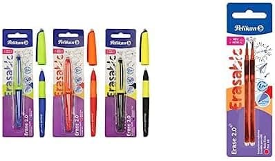 Pelikan Erase 2.0, 3 pacotes com 3 canetas ergonómicas apagáveis, tinta preta, vermelha e azul, 2 peças de reposição caneta apagável cor vermelha