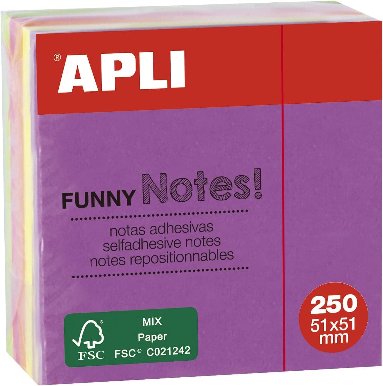 APLI 11596 - Notas adesivas FUNNY 51 x 51 mm mini-cubo de 250 folhas 5 cores sortidas fluorescente