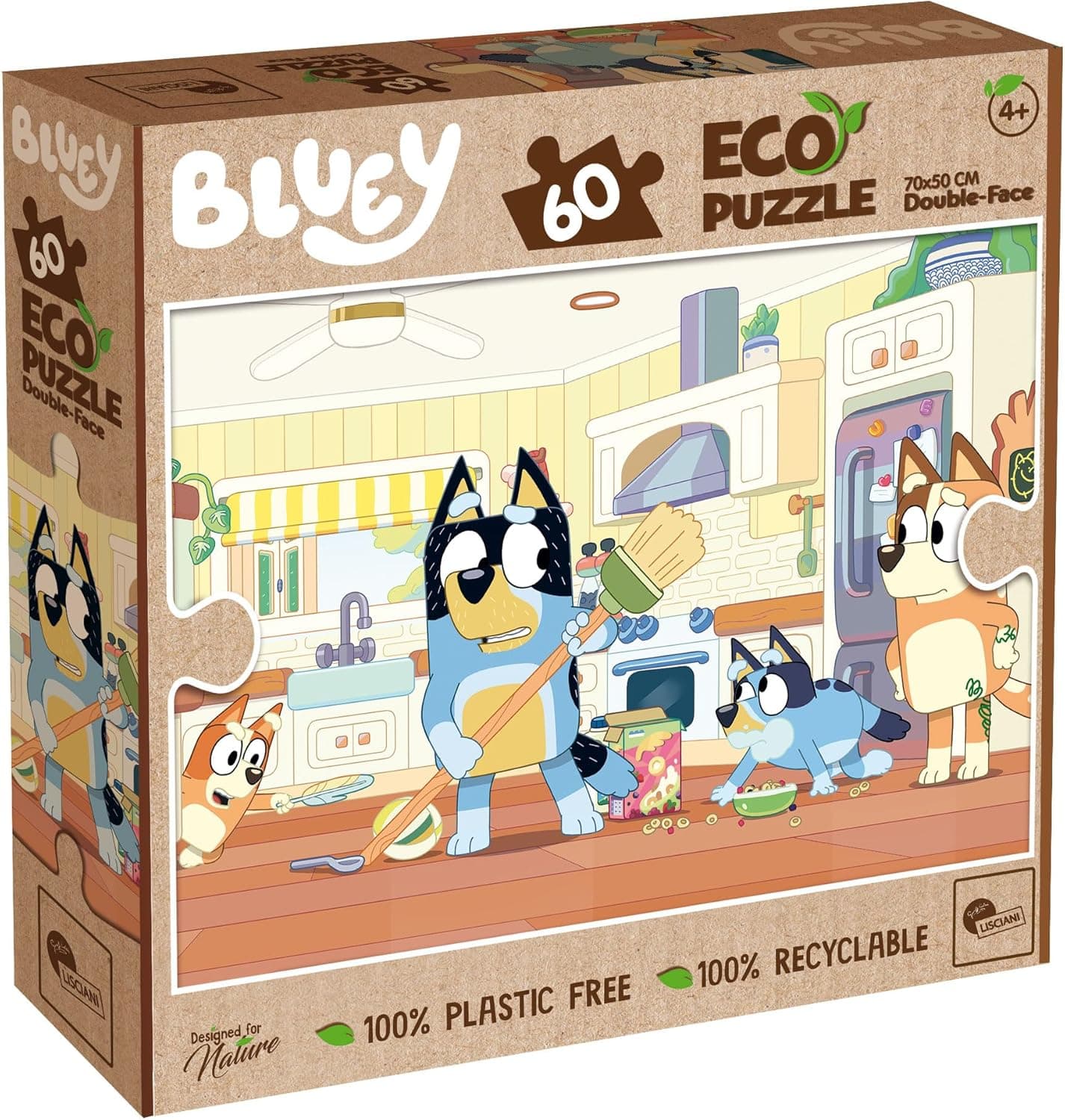 Lisciani BLUEY Puzzle Eco 60 peças, para crianças a partir de 4 anos, 50 x 70 cm, puzzle Bluey com dupla face para cores, puzzle 100 % reciclável, sem plástico - certificado FSC