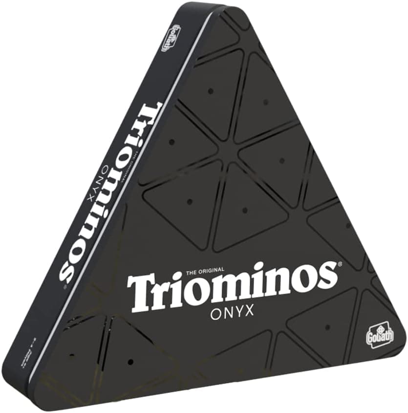 Goliath - Triominos Ônix - dominó triangular e preto em caixa metálica - jogo de estratégia - jogo de mesa - para jogar em família ou com amigos - a partir de 6 anos
