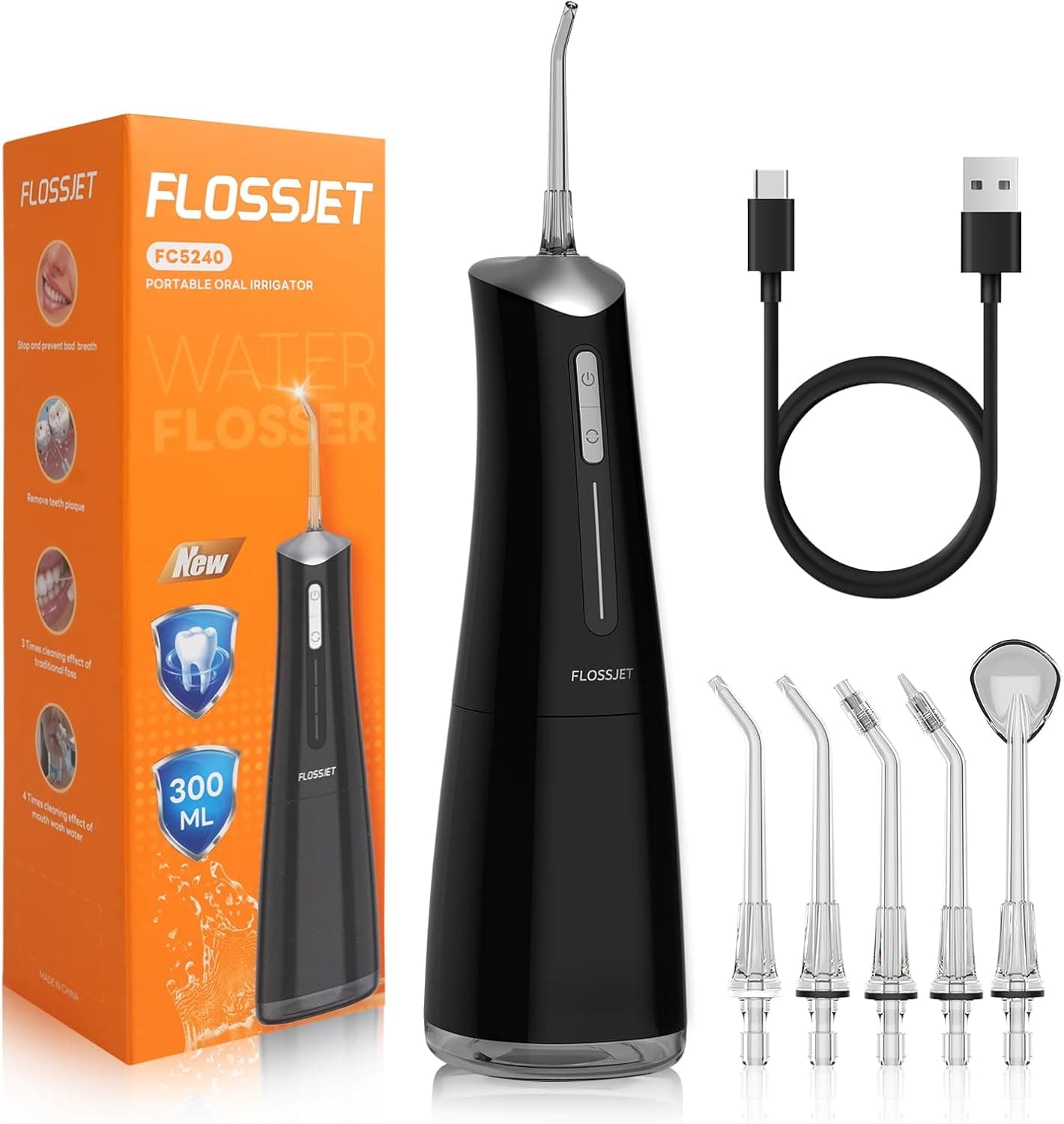 FlossJet Irrigador dental sem fios irrigador bucal portátil 300 ml limpeza dentária elétrica profissional Water Flosser 5 boquilhas 4 modos IPX7 impermeável USB recarregável para casa e de viagem