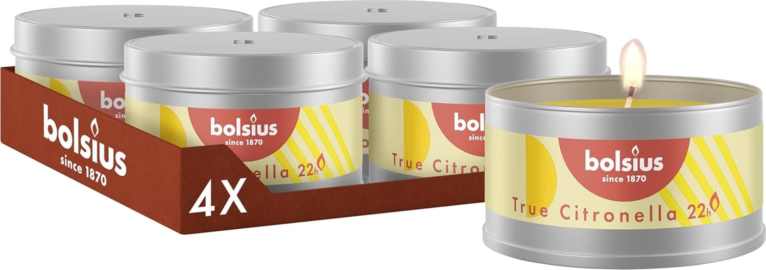 Bolsius True Citronella Outdoor Velas – Caixa de metal, 4 unidades, fragrância de citronela – decoração exterior, tempo de combustão 22 horas