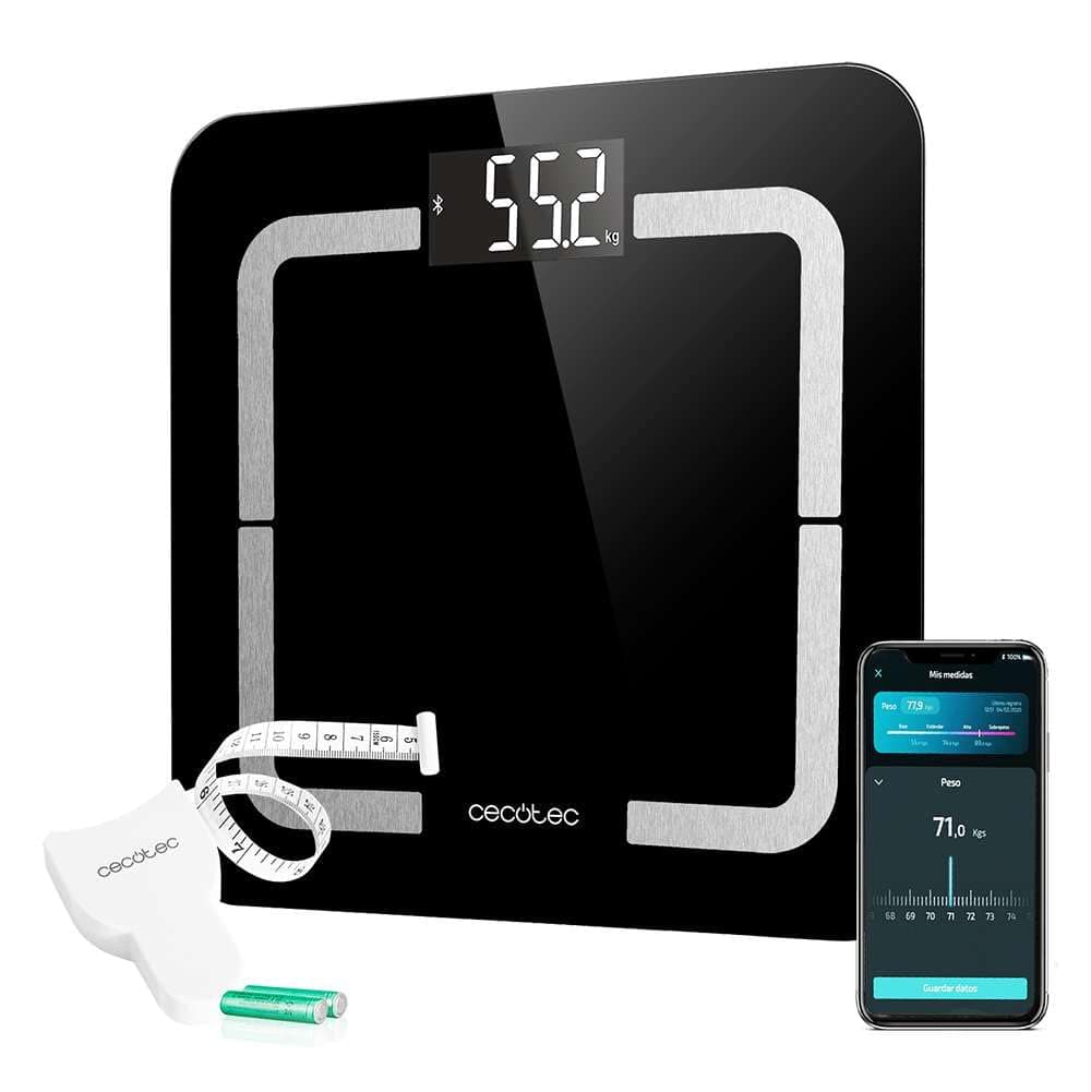 Cecotec Balança de casa de banho digital com APP Surface Precision Smart Healthy. Vidro temperado, Bluetooth, medição de bioimpedância com 10 parâmetros, ecrã LCD, peso máximo 180 kg, 310 x 310 mm
