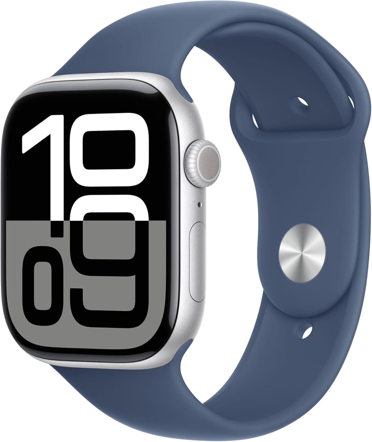Apple Watch Series 10 | Relógio inteligente GPS e Cellular com caixa de alumínio prateada de 46 mm e bracelete desportiva azul denim