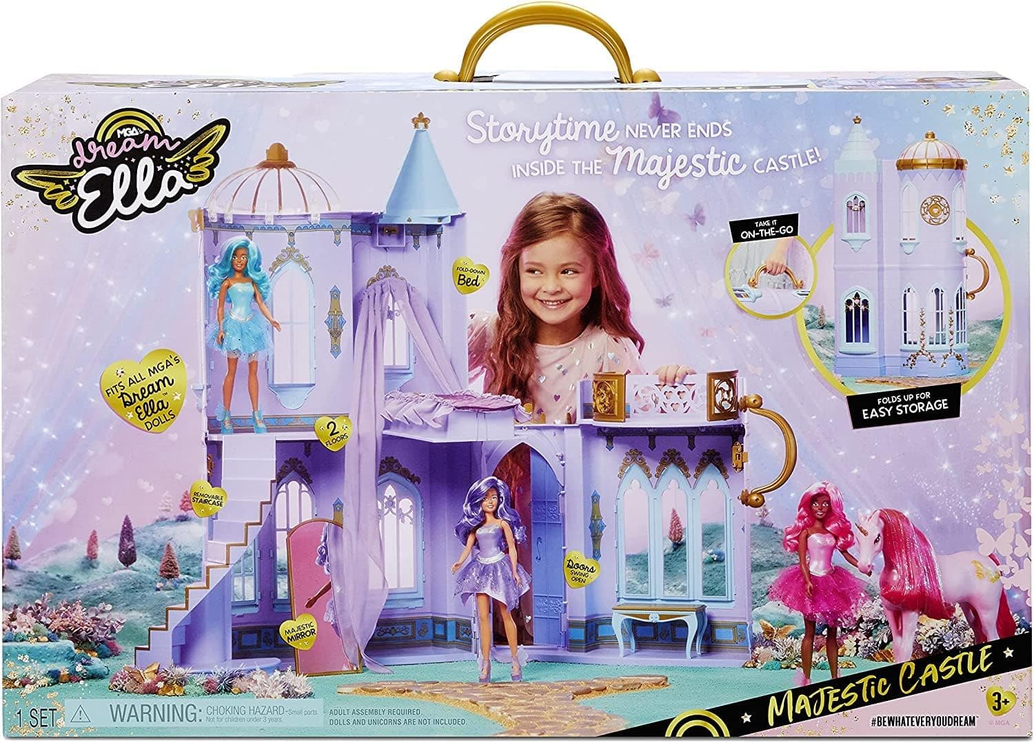 Aria MGA's Dream Ella Majestic Castle - brinquedo para crianças - castelo portátil de dois andares - tem capacidade para 2 bonecas de 29 cm - com portas, móveis e acessórios - Idade: 3+ anos