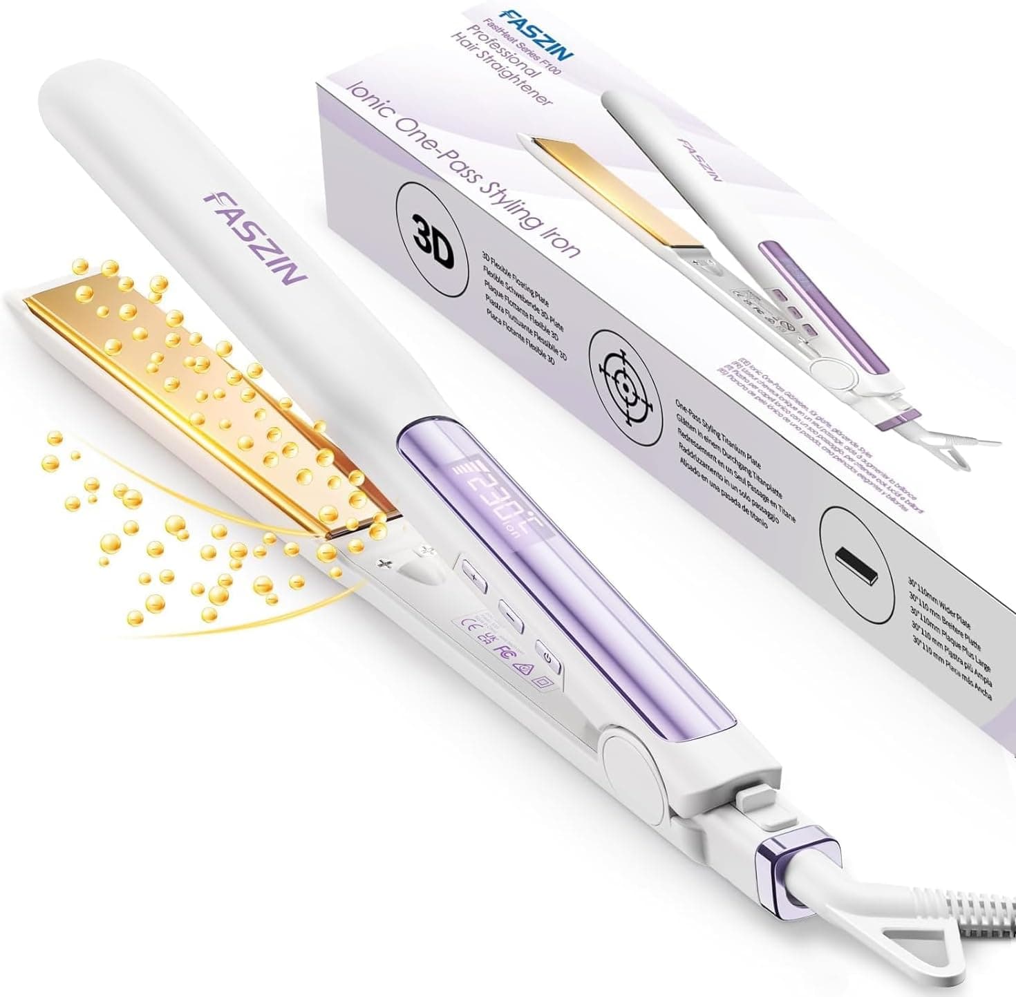 Faszin Ferro de cabelo 2 em 1, aquece em 20 s ferro de cabelo, de titânio com íons alisador de cabelo, ecrã LCD claro, ideal para alisar, enrolar e criar ondas (branco) 1