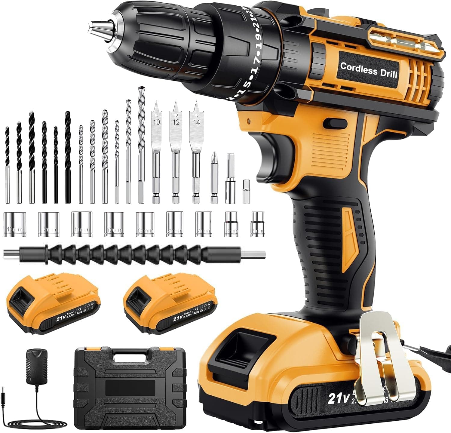 JYGMPRO 21V Battery Hammer Drill | Berbequim aparafusador a bateria com 2 baterias 2.0Ah, 42 Nm, 25+3 posições de torque, 30 acessórios e luz LED