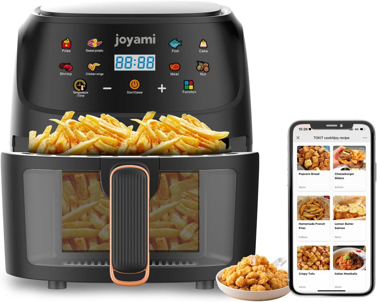 JOYAMI Frigideira sem óleo 6L, XXL, Air Fryer com 100 receitas em espanhol, fritadeira sem óleo com 8 programas, funções, janela visível, ecrã tátil LED, cesta anti-aderente, preta