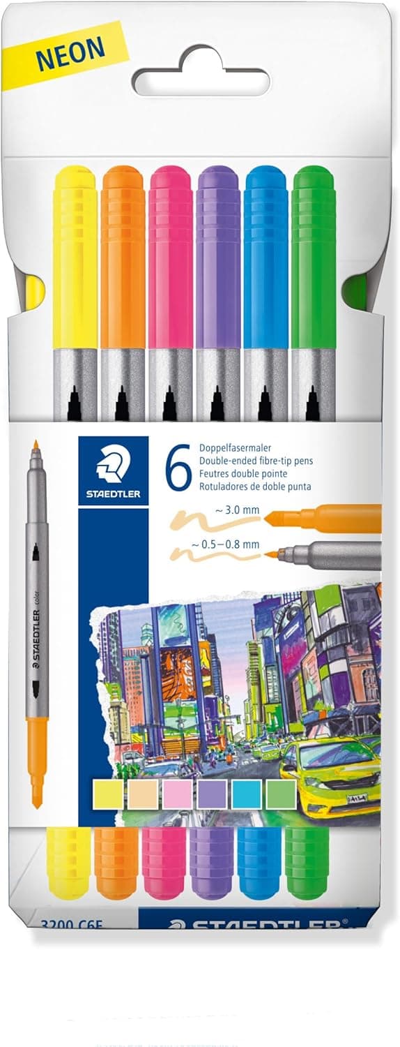 STAEDTLER 3200 Dual Fiber | Marcadores de dupla ponta estreita e larga com 6 cores neon sortidas